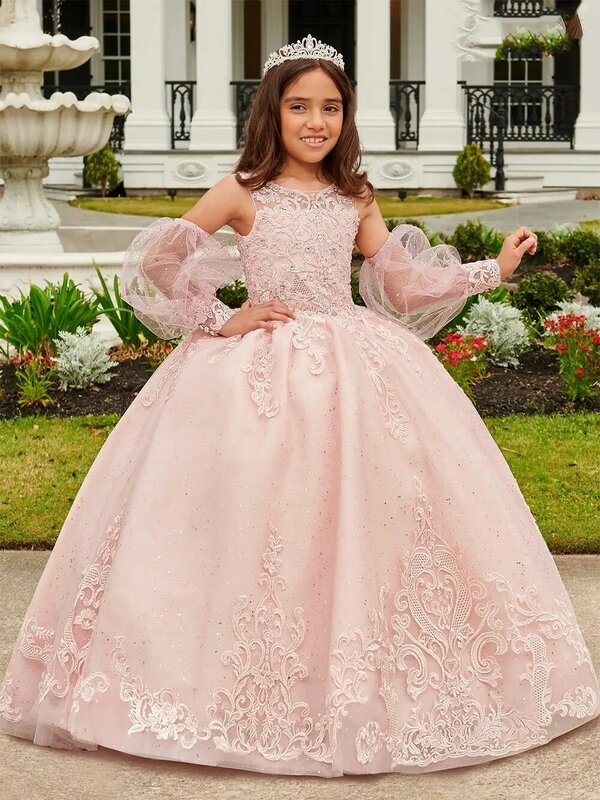 Light Pink Glitter Sequins Tulle Puffy Lace Applique Flower Girl Dress For Wedding Children Birthday First Communion Gowns