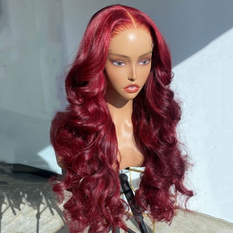 Perruque Lace Front Wig Body Wave Brésilienne Naturelle, Cheveux Humains, Couleur Rouge Bordeaux 99j, 13x4, 13x6, Transparent HD