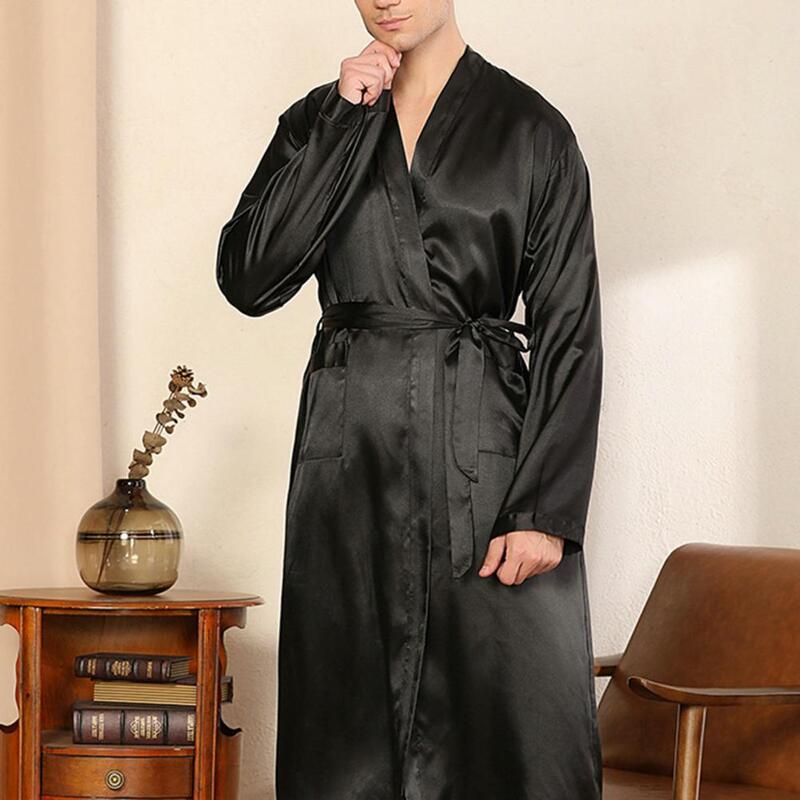 Мужской Атласный халат, мягкая дышащая ночная рубашка с поясом и карманами, V-образным вырезом, на завязках, домашняя одежда, халат на осень и весну