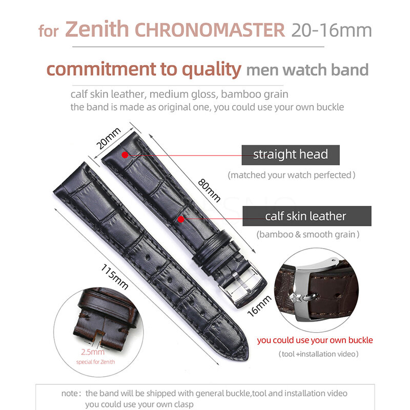 Pesno 20mm Calf Skin Top Layer Leather Watchstrap Black Dark Brown Dark Blue Watch Band Men Watch Accessory for Zenith Captain