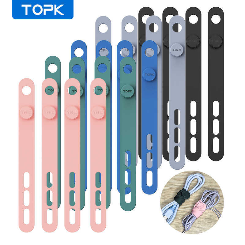 TOPK-Organisateur de câble en silicone réutilisable, attaches de câble, enrouleur de bureau, pinces de gestion d'évaluation de fil pour écouteurs, câble USB, souris, maison