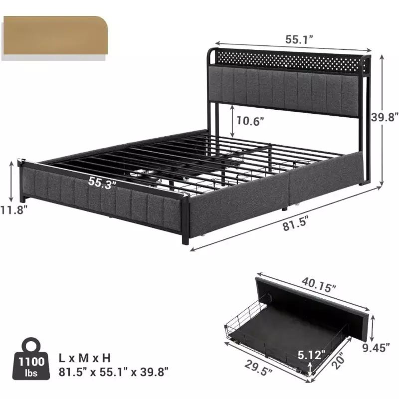 Marco de cama con cabecero de almacenamiento y salidas, plataforma de Metal con 4 cajones de almacenamiento y cabecero de luces, Bases de cama gris