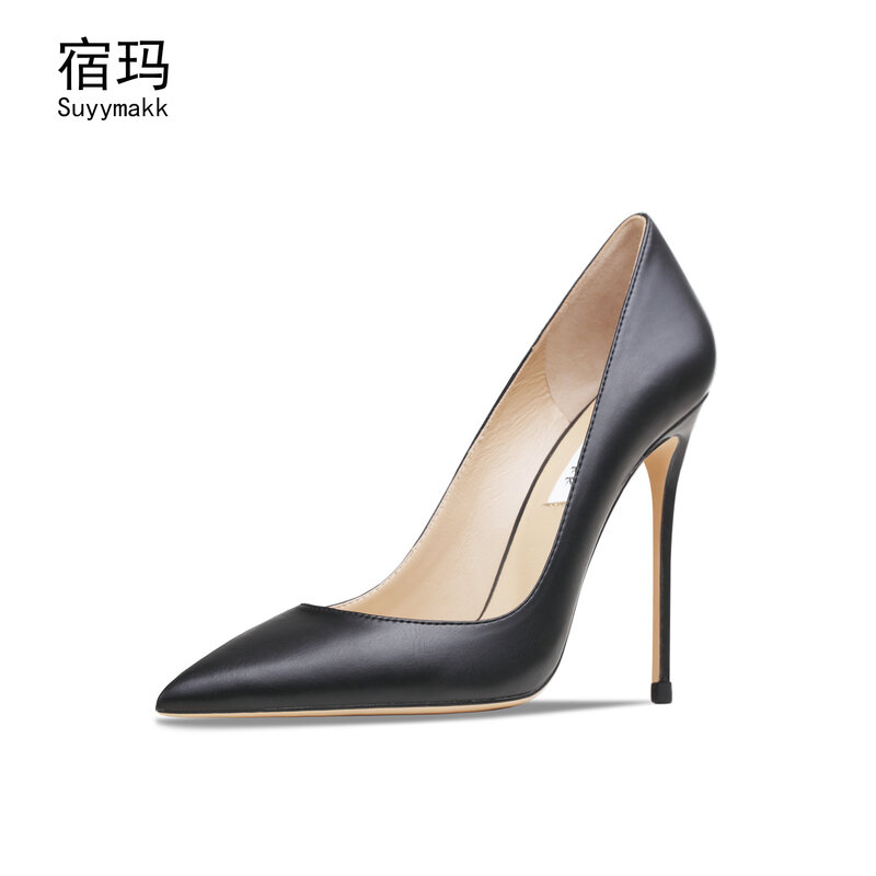 Sepatu pesta kulit asli mode wanita ujung runcing sepatu hak tinggi wanita stiletto seksi hitam klasik sepatu kantor elegan