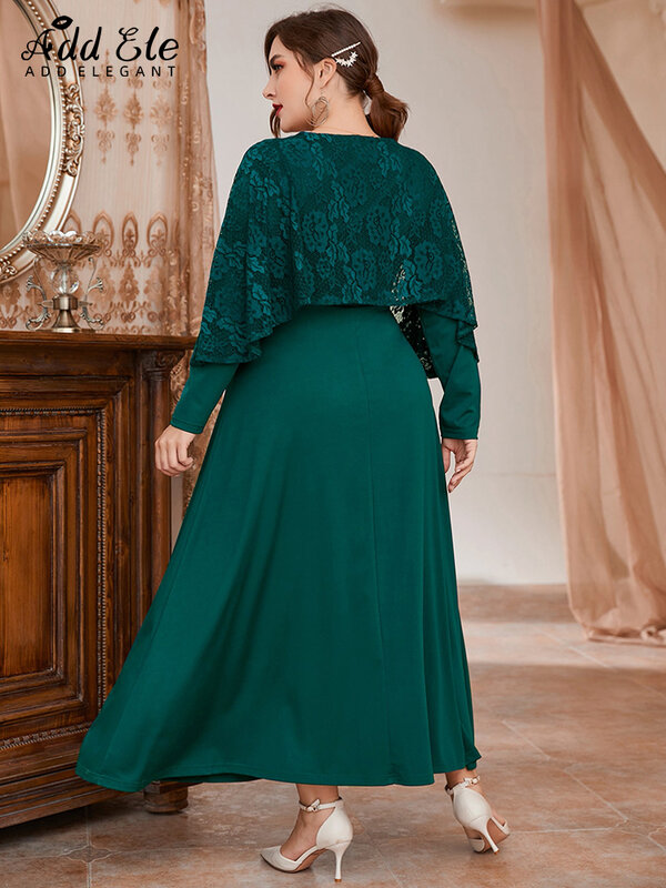 Add Elegant Plus Size Dress Women 2022 Autumn Pleated Casual O-Neck Stylish Lace Shawl With Sleeves Loose Clothing B706
