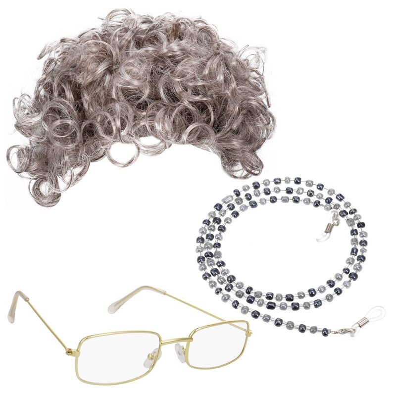 Conjunto de vestido de disfraz de abuela, peluca con gafas y collar de cuentas, decoración de fiesta de mascarada de Halloween para adultos