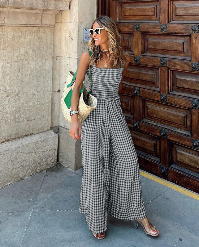 Pleated WideWaist Casual Plaid Sleeveless Loose Rompers Leg Overalls HighNew Fashion Women Jumpsuits 2022 Summer