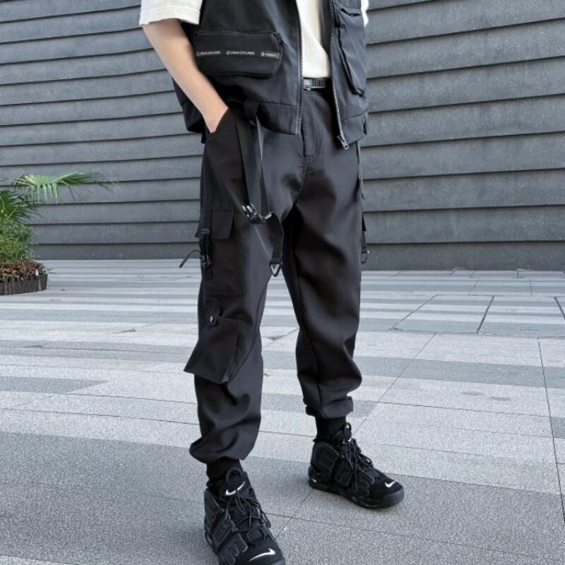 Calças de carga de bolso multi-bolso masculino com fita techwear, calças táticas algemadas na rua alta, Y2K, outono 2022