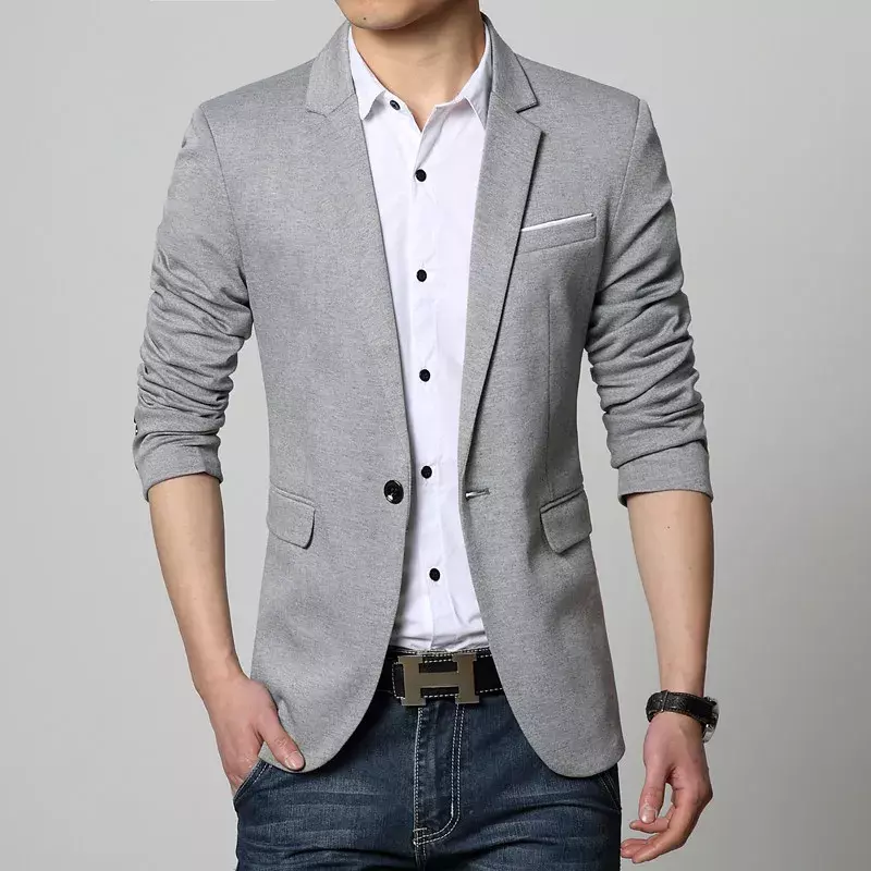 Chaqueta informal ajustada para hombre, Blazer de algodón con un solo botón, traje gris, abrigo de retazos, Otoño, novedad