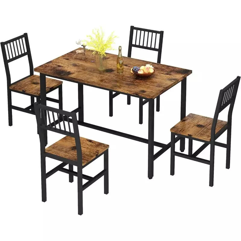 أطقم طاولة طعام وكراسي صناعية ، 4 إطار معدني مع سطح خشبي ، كرسي بني ريفي ، مساحة صغيرة ، شحن مجاني