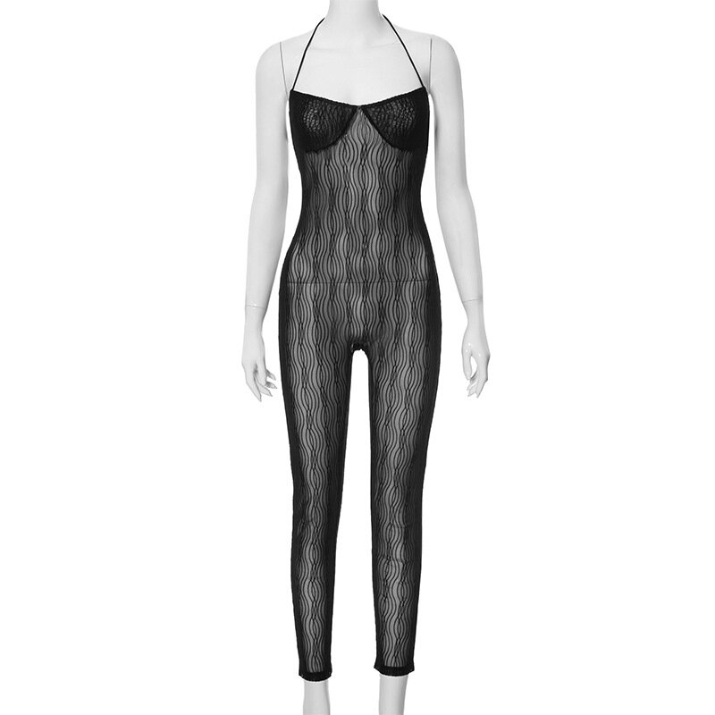 Women Mesh See Through Slim Strapless Jumpsuit Spring Halter Backless Sleeveless Sexy Spicy Girls Skinny Rompers Club Streetwear