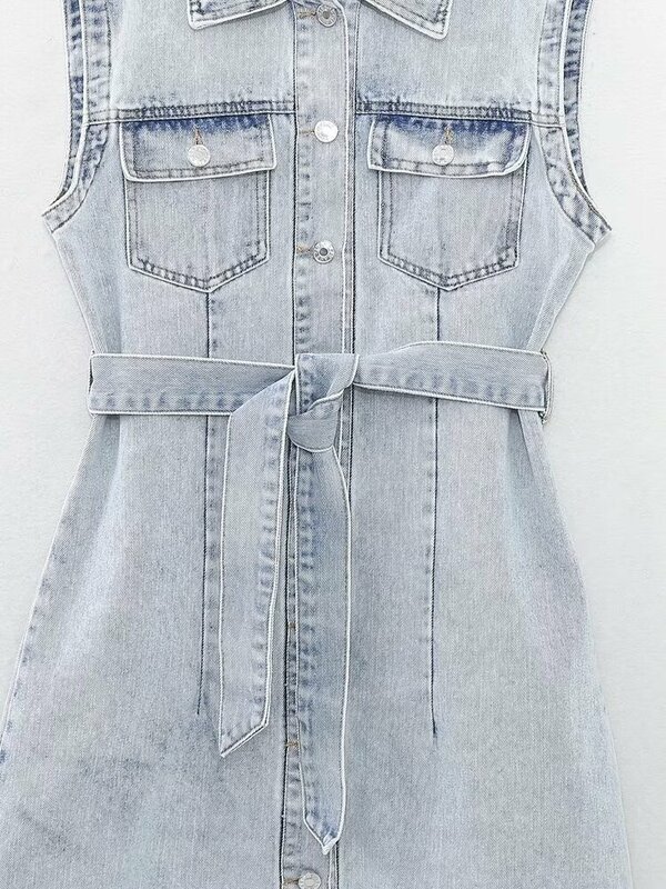 Женское джинсовое мини-платье без рукавов, с поясом и карманами