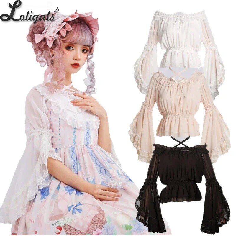 ผู้หญิงหวานชีฟองเสื้อ Flare แขนเสื้อข้ามคอ Lolita Top สำหรับฤดูร้อน