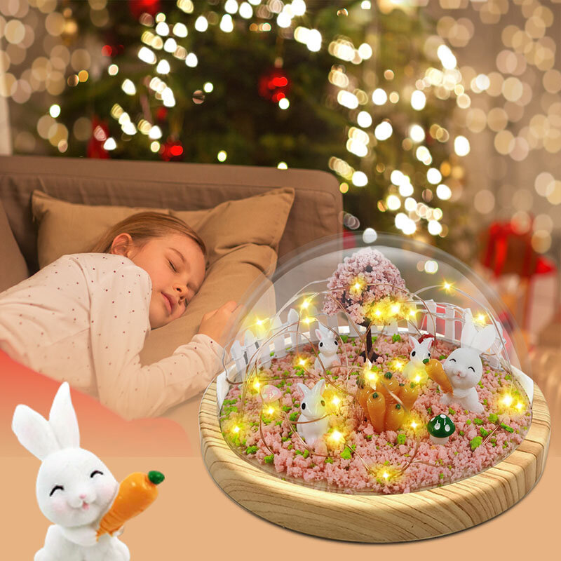 Lampu malam Kelinci DIY tombol tekan ABS, lampu kuning samping tempat tidur kreatif kartun lampu malam hadiah ulang tahun Natal anak-anak