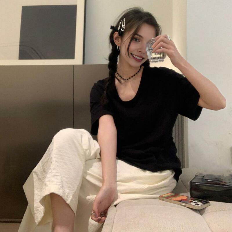 Loose Pants Elastic High Waist Wide Leg Trousers for Women with Pockets Solid Color Loose Fit Long Pants for Summer Work Leisure