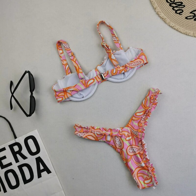 Микро бикини с цветочным принтом, бандо, 2024, Женские сексуальные стринги, купальник пуш-ап, женский купальный костюм, летняя пляжная одежда для плавания