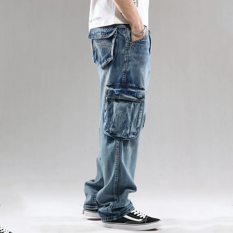 Jeans casual lavado masculino com vários bolsos, calça jeans reta solta, calças de carga masculinas, além do tamanho 30-46