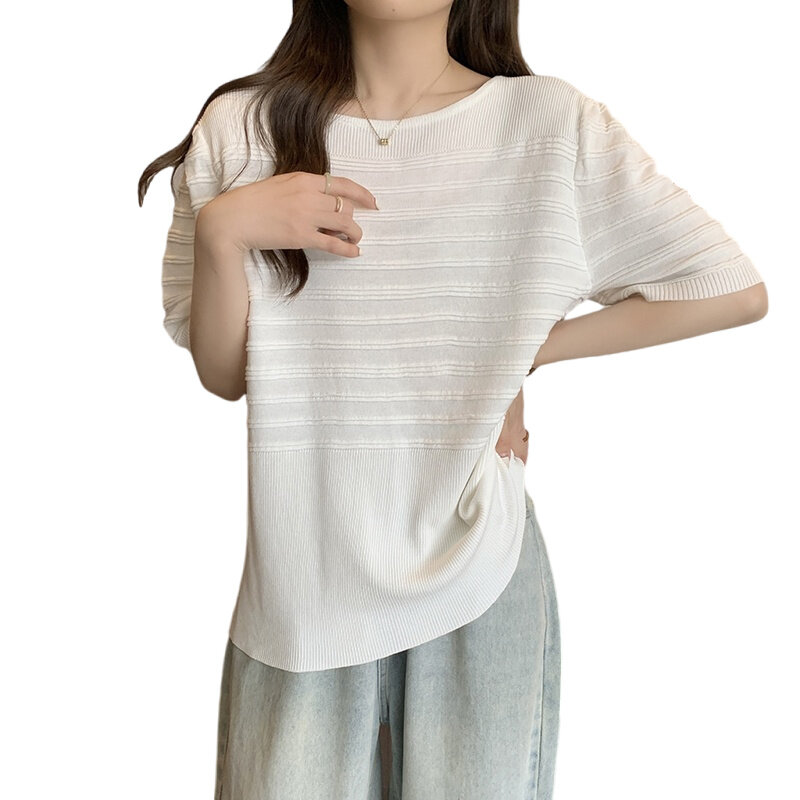 XL-4XL grande tamanho de malha topos para as mulheres verão nova manga curta solta oversize topos de seda gelo cor sólida listrado tshirt feminino