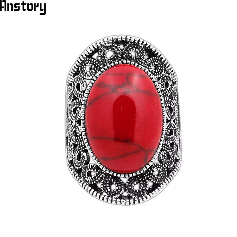 5 Colors Hollow Flower Oval Stone Rings For Women Vintage Antique Silver Plated Fashion Jewelry TR410