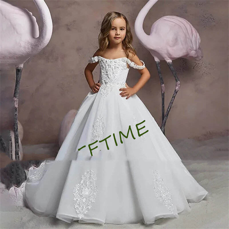Elegant Off Shoulder Lace Appliques Flower Girl Dresses 2024 Princess Ball Gown Pageant Birthday Party Kids First Communion Gown