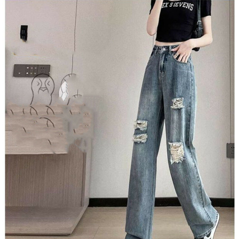 Jeans reto e perfurado com cintura alta, calça solta versátil, calça de perna larga, moda primavera-verão, edição coreana, nova
