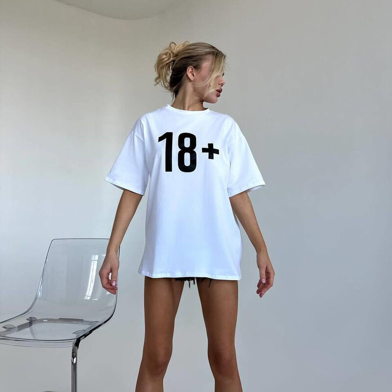 Camiseta corta estampada para mujer, Top informal holgado de media manga con cuello redondo, Color de contraste minimalista, Instagram, novedad de verano