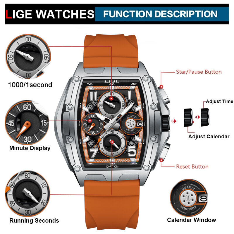 Relogio Masculino LIGE męskie zegarki sportowe wojskowe wodoodporne kwarcowy zegar męski chronograf wojskowy prostokątny zegarek na rękę