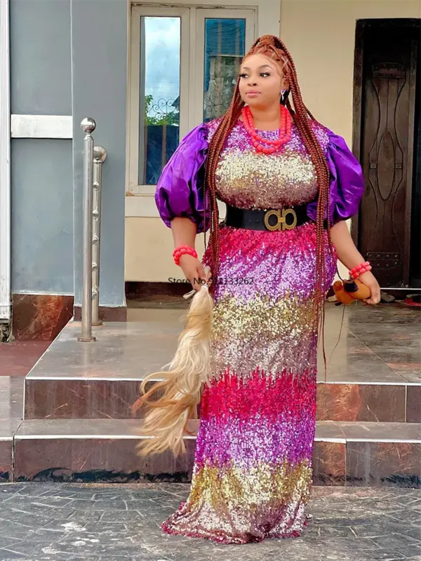 Gaun panjang poliester Afrika untuk wanita 2023 gaun Maxi panjang berpayet leher-o lengan setengah Afrika musim panas musim semi pakaian Afrika