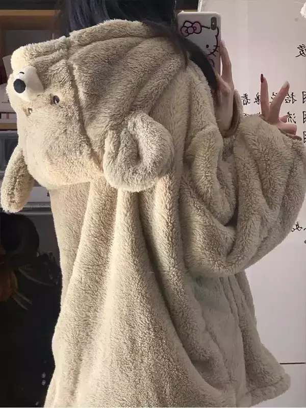 2024 jesienno-zimowa nowa piżama z kapturem damska z długim rękawem kołnierz kreskówka niedźwiedź zagęszczony Homewear damski zestaw pluszowy