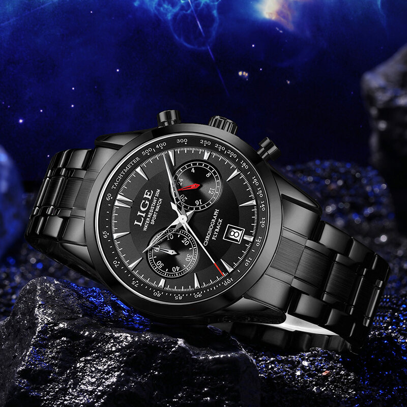 LIGE nowe modne zegarki z luksusową zegarek chronograf kwarcowy sportową ze stali nierdzewnej dla mężczyzn