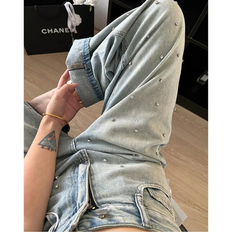 Jeans primaverili pantaloni a vita alta donna Diamond Bling Fashion Casual pantaloni larghi a pieghe da donna pantaloni coreani a gamba larga donna in denim