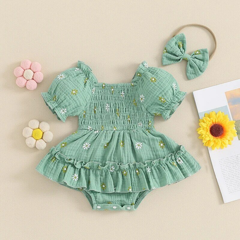 Lioraitiin Baby Girl Romper Dress Daisy Print Short Sleeve Jumpsuit With Cute Headband Set Summer Clothes Outfits 0-18 Months