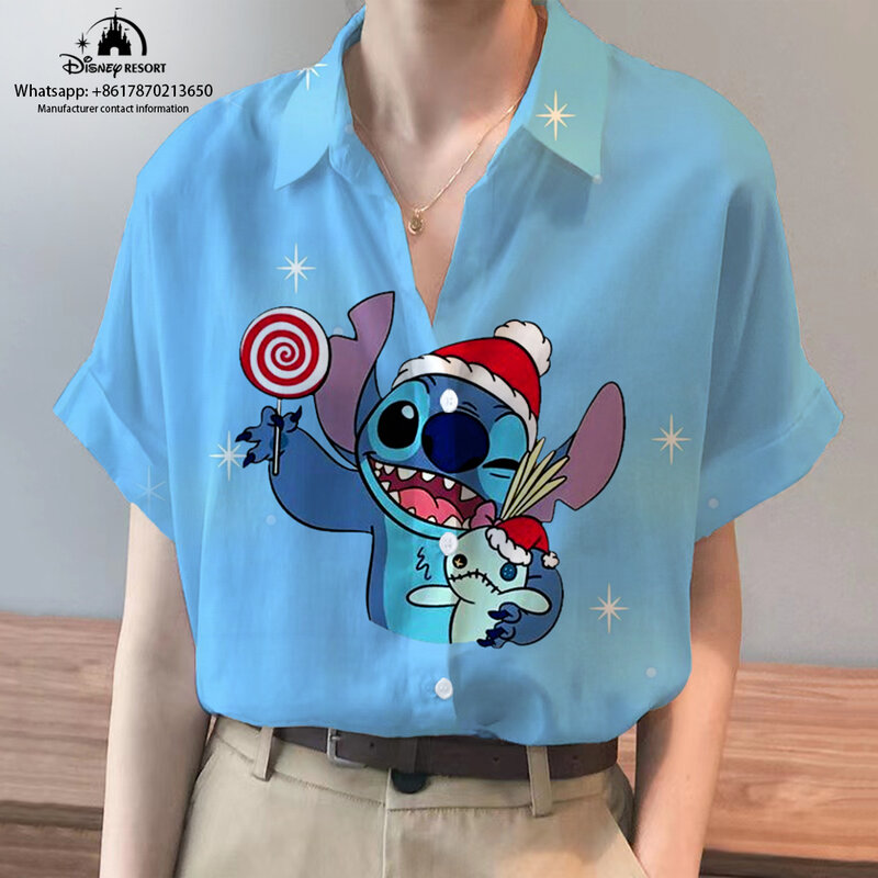 Cartoon Stitch 2024 Christmas New Anime Koszula z krótkim rękawem Summer Street Style Disney Fashion Casual Damskie topy y2k