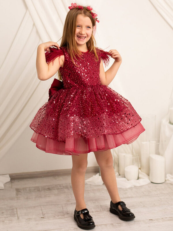 Flower Girl Dresses Burgundy Sequin With Bow Feather Sleeve For Wedding Birthday Party Banquet Princess Gowns