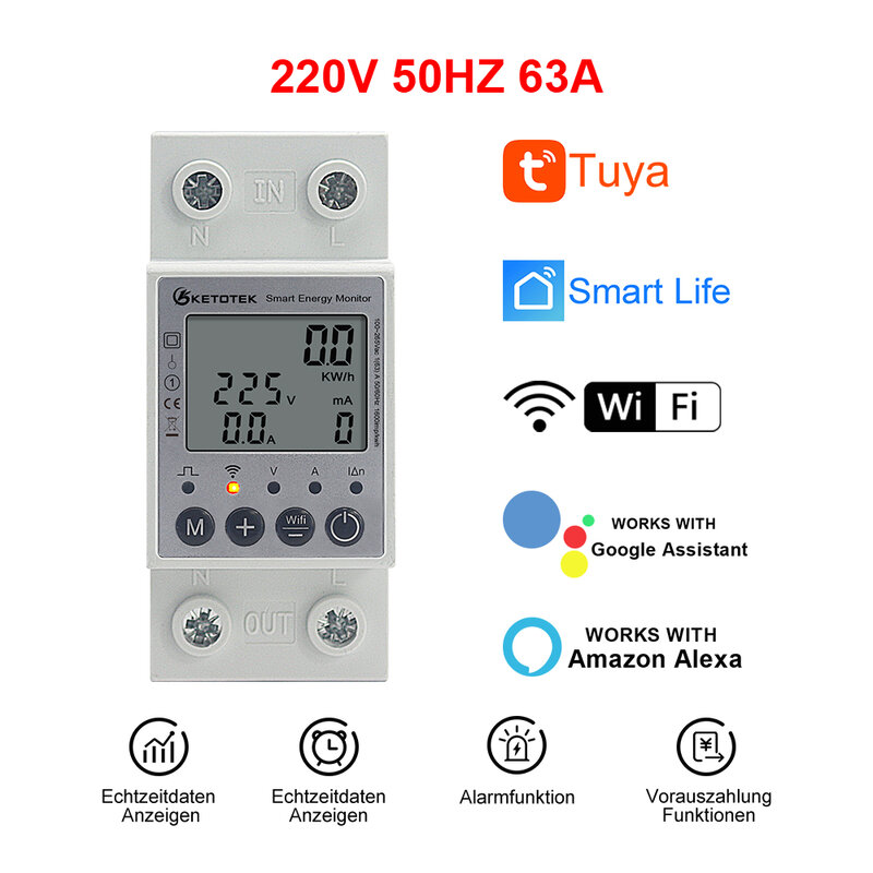 Tuya-インテリジェントエネルギーメーター,wifi,DINレール,60a 63aタイマー,消費kwh,電圧計,単相,smartlifeと互換性があります