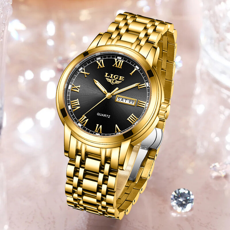 LIGE 2023 nowe złote zegarka kobiet zegarki damskie kreatywny stal damska bransoletki z zegarkiem kobiet wodoodporny zegar Relogio Feminino