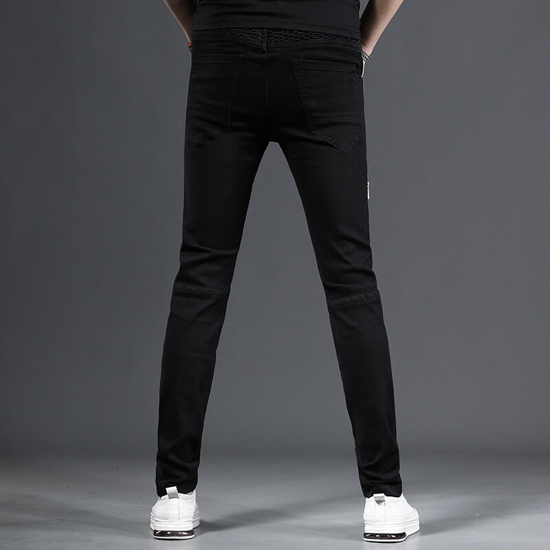 ผู้ชายสไตล์เกาหลีกางเกงยีนส์สีดำกางเกงกระชับรูปร่าง Streetwear Casual Zipper Patchwork Denim กางเกง CP2200