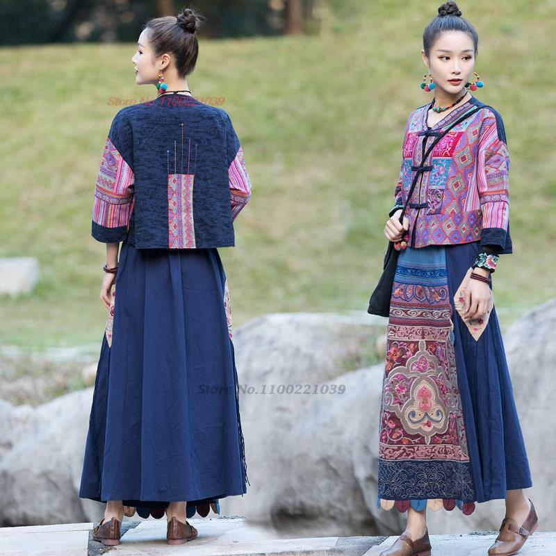 2024 chińskie długie spódnice w stylu vintage patchworkowe haft w kwiaty bawełniane lniana spódnica elastyczna talia etniczna spódnica narodowa w stylu harajuku
