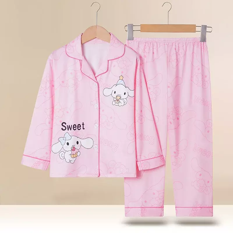 Nuovo Sanrio Cinnamoroll Kuromi My Melody bambini Cartoon pigiama Casual primavera manica lunga Flip Neck Cardigan ragazze Nightwear