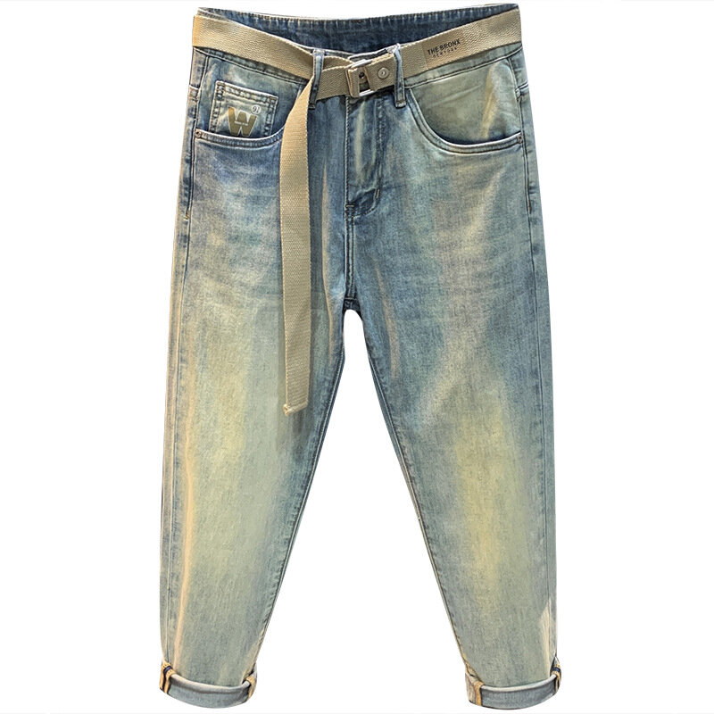 Summer high-end light luxury thin denim jeans MEN'S trend retro light blue fashion casual slim fit versatile straight leg pants