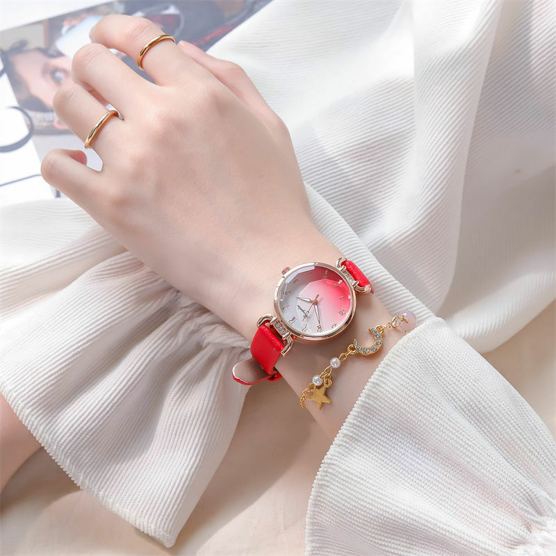 Neue Uhr Wert Farbverlauf Fantasie Rosa Mädchen Student Strass Leder Quarzuhr für Kinder Neue Jahr Geschenk Reloj
