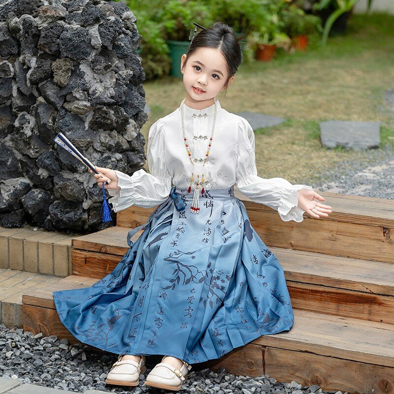 Falda de cara de caballo de estilo chino para niñas, traje Tang para niños, conjunto Hanfu, vestido de actuación antigua, falda para niños y mujeres