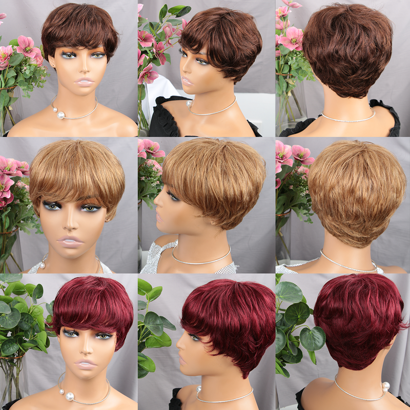 Peluca de cabello humano para mujeres negras, pelo corto marrón con corte Pixie, hecho a máquina con flequillo, color sin pegamento
