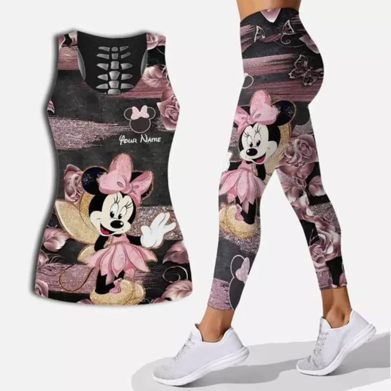 Conjunto de colete e leggings feminino Minnie Mickey Hollow, terno de ioga, leggings fitness, terno esportivo, regata Disney, roupa legging
