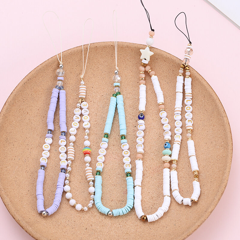 Sweet Clay Anti-Loss Telephone Chain Acrylic LOVE Letter Mobile Phone Chain For Women Jewelry Cellphone Hanging Cord Girls