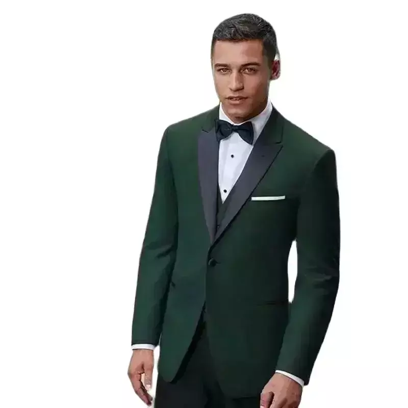 Green Men's Suits 3 Piece Jacket Pants Black Peak Lapel Single Breasted Slim Fit Skinny Prom Party Luxury Wedding Costume