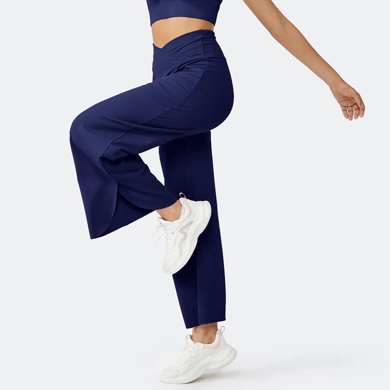 Pantaloni a gamba larga da donna pantaloni a vita alta elasticizzati Casual dritti in cotone e lino pantaloni solidi per esercizi di Yoga a casa quotidiana