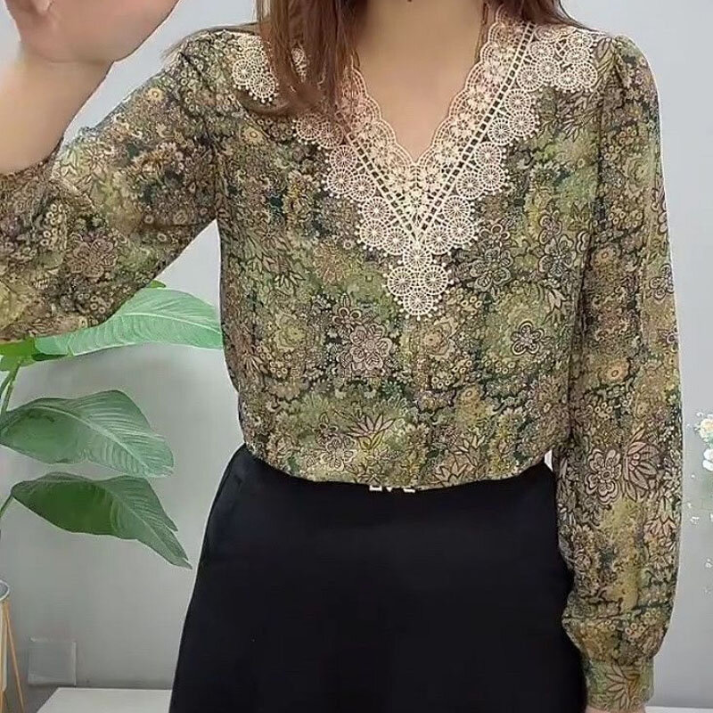Винтажная модная блузка с V-образным вырезом и цветочным принтом, элегантная женская одежда, корейские универсальные кружевные пуловеры с длинным рукавом и принтом
