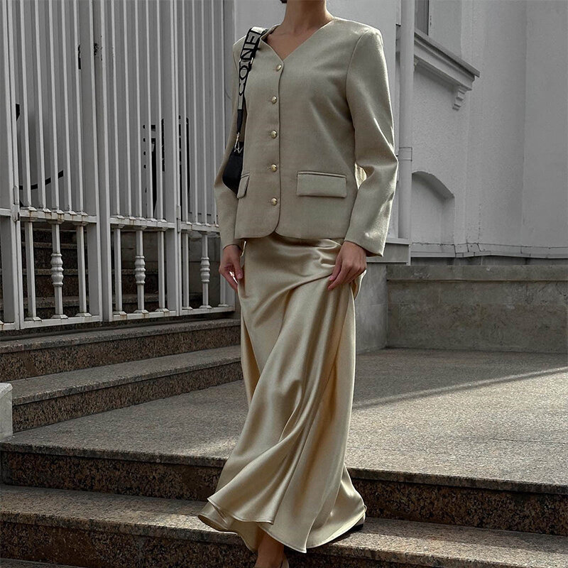 OMSJ Rose Gold French Commuter Style Satin Silky Smooth Fish Tail Skirts 2024 Elegant Female Street Versatile Simple Half Skirts