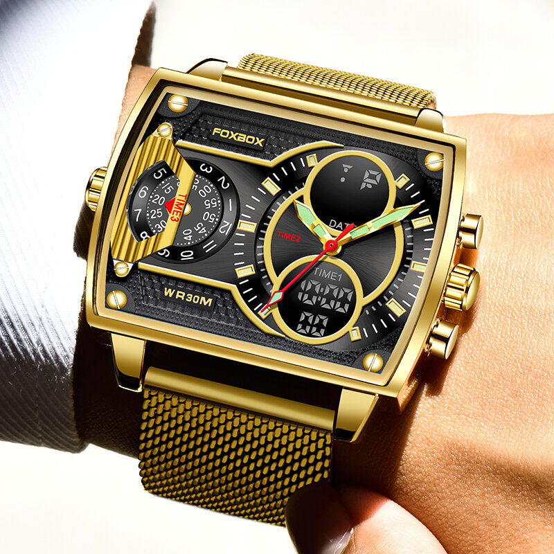 LIGE Top marka luksusowy męski zegarek FOXBOX moda kwadratowy zegarek mężczyźni Casual sport wodoodporny podwójny wyświetlacz zegarek Relogio Masculino