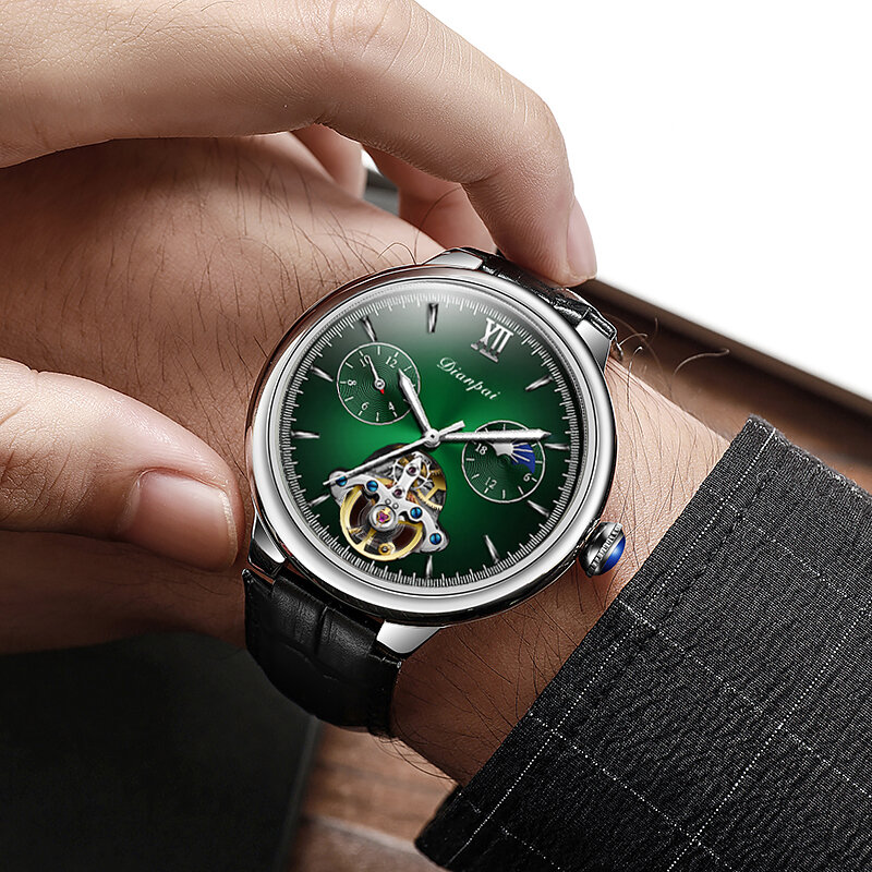 Zegarek DIANPAI męski w pełni automatyczny zegarek mechaniczny wydrążony modny wodoodporny zegarek świecący słońce, księżyc i gwiazdy